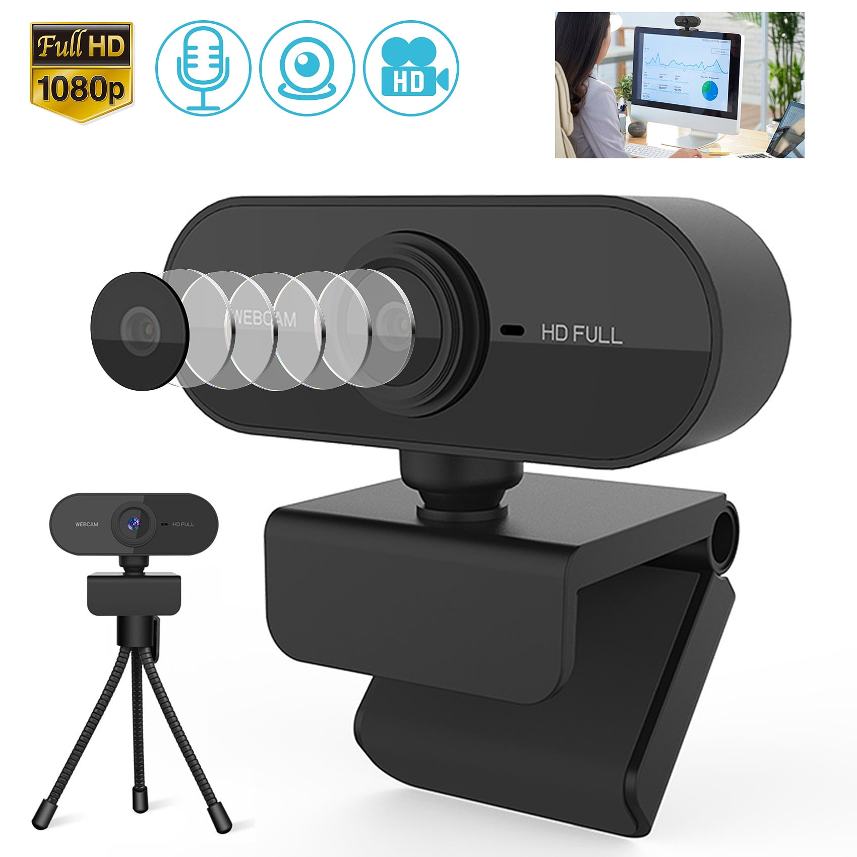 1080P HD cam,  Camera with Builtin Mic， Auto Focus USB cam