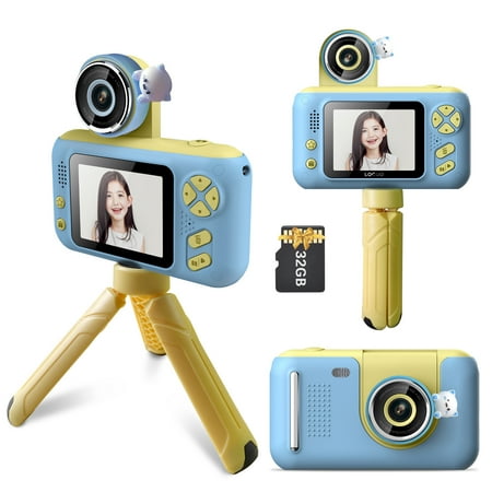 1080P Kids Digital Camera Video Camera for Kids 40MP 2.4 Inch IPS Screen 180° Rotatable Lens Built-in Battery Cute Photo Frames Fun Games with Neck Strap Desktop 32GB Memory Card Tripod Bi