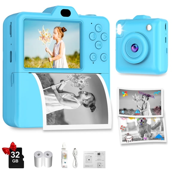 Homeminion 2.4Inch Instant Print Camera for Kids,1080P Kids Dual-Lens Selfie Digital Camera with 2 Rolls Printing Paper and 32G SD Card,Christmas Birthday Gift for Girls and Boys Aged 3-12（Blue）