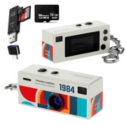64GB 1080P Mini Digital Camera/Thumb Backpack Buckle Camera, USB2.0 Micro SD Card Reader,Retro Compact Mini Pocket-Sized Camera,White