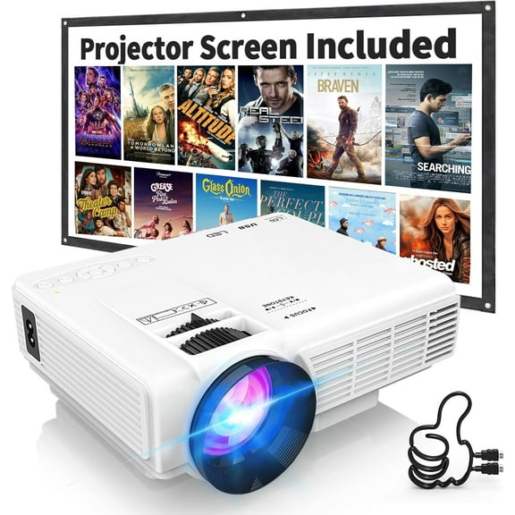 1080P Mini Projector with Screen, Portable Home Theater Movie Projector with Two-Way Bluetooth, HDMI/USB Input for Smartphone/TV Stick, Ideal for Indoor & Outdoor Use, White
