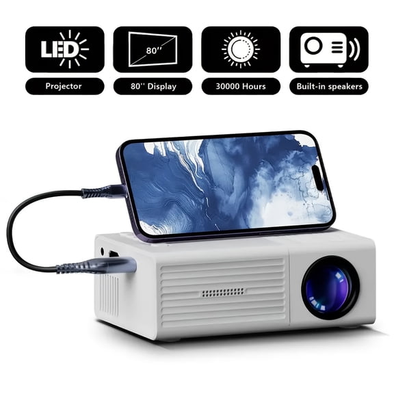 1080P Mini Projector with 80" Screen, LED Light, USB & Smartphone/PC/TV Connectivity, 480P Local Play, 3000Hrs for Home Cinema