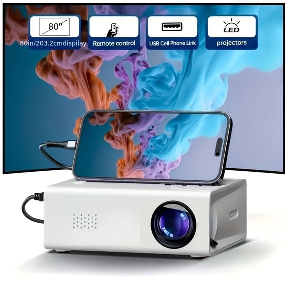 1080P Portable Projector with USB & Remote, Compatible Smartphone Tablet Laptop TV Stick USB Drive, Desktop Mount & Button CONTROL