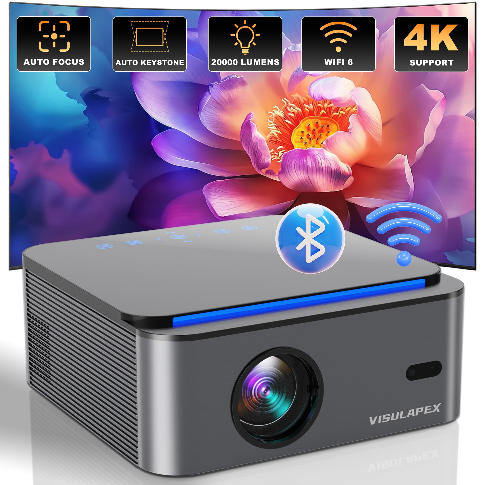 [Auto Focus] Projector with WiFi 6 and Bluetooth 5.2, 4K Supported,20000 Lumens Native 1080P 50% Zoom Outdoor Movie Projector for iOS/Android/TV Stick