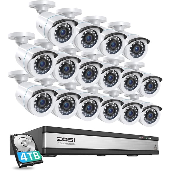 1080P Security Camera System, ZOSI 16 Channel DVR with 4TB HDD for 24/7 recording, 16pcs Outdoor Security Camera with 80ft Night Vision, AI Human Vehicle Detection, Home Security