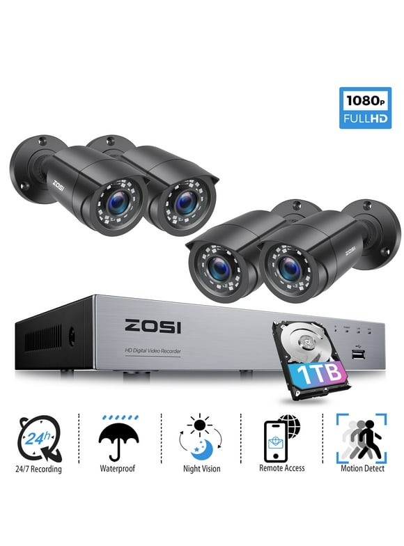1080P Security Camera System, ZOSI H.265+ 8CH 5MP Lite DVR, 4pcs CCTV 1080P Security Camera Indoor Outdoor Use, IP66 Weatherproof 80ft Night Vision 1TB Hard Drive for 24/7 Recording