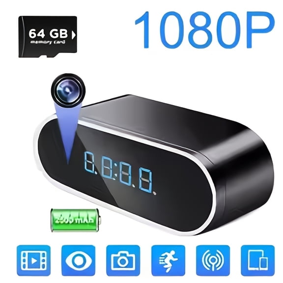 1080P Smart Clock Camera with Wi-Fi, Remote View, Audio/Video Recording & 64GB Card for Indoor Security, Home Office Monitoring