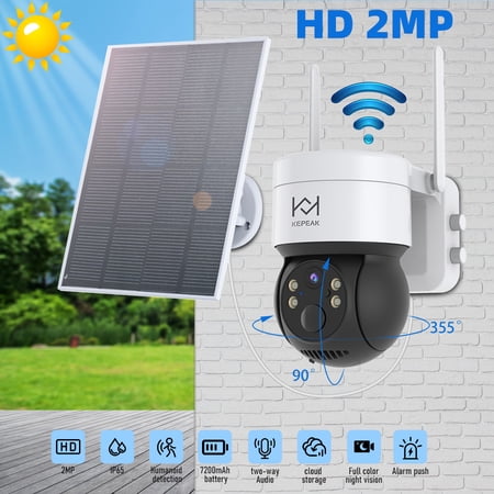 1080P Solar Security Cameras Wireless Outdoor with Night Vision and Siren, 2.4Ghz WiFi 360° PT/Color Night Vision/PIR Motion Detection/ 2-Way Talk/ IP65 Waterproof