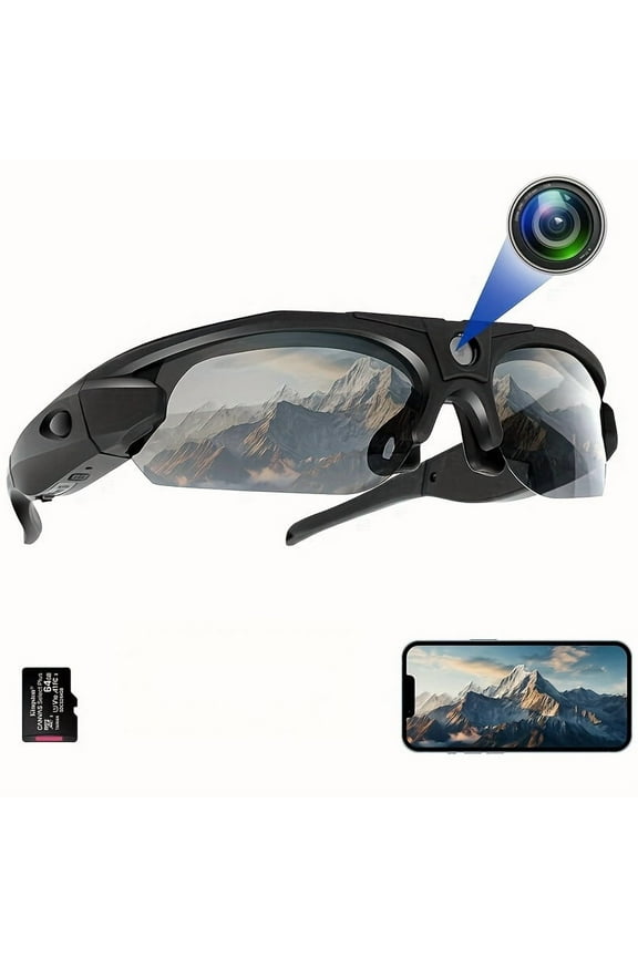 1080P Sports Camera Glasses, Wearable HD Video Recording for Riding & Running, Portable Smart Glasses with 64GB Card for Indoor & Outdoor Use, Black