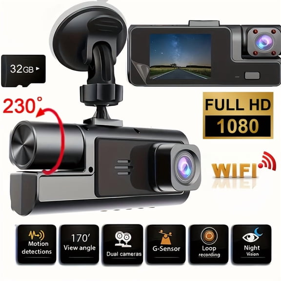 1080P Triple Lens Dash Cam with Infrared Night Vision - 170° Wide Angle, Built-in Audio, G-Sensor, Loop Recording & 32GB Card - 24H Parking Mode, Ideal Car Safety Camera for Holidays & Gifts