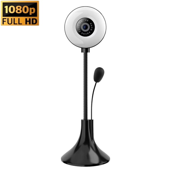 1080P Webcam with LED Ring Light for PC, Auto Focus USB Streaming Camera with Noise Cancelling Microphone, Flexible Gooseneck Stand for Live Streaming Video Calls Online Classes
