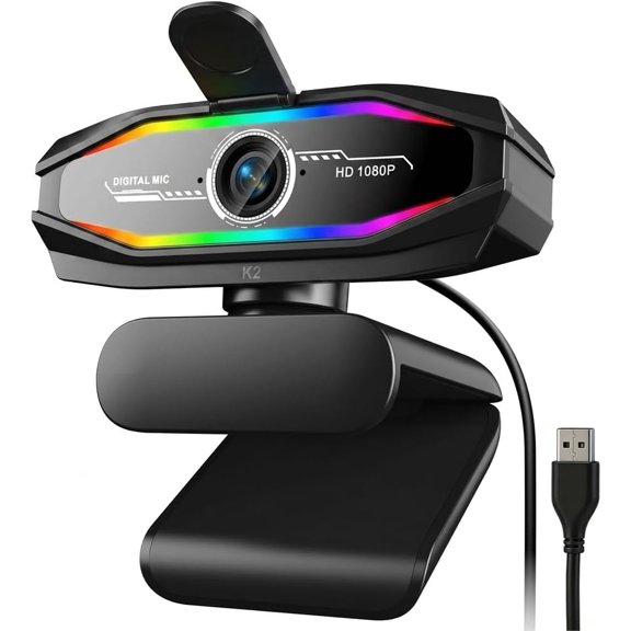 1080P Webcam with Microphone, Full HD Web Camera with RGB Light for Pc, Light Correction and Noise Cancellation Streaming Webcam, USB Computer Camera with Privacy Cover ,Plug and Play PC Web Cam