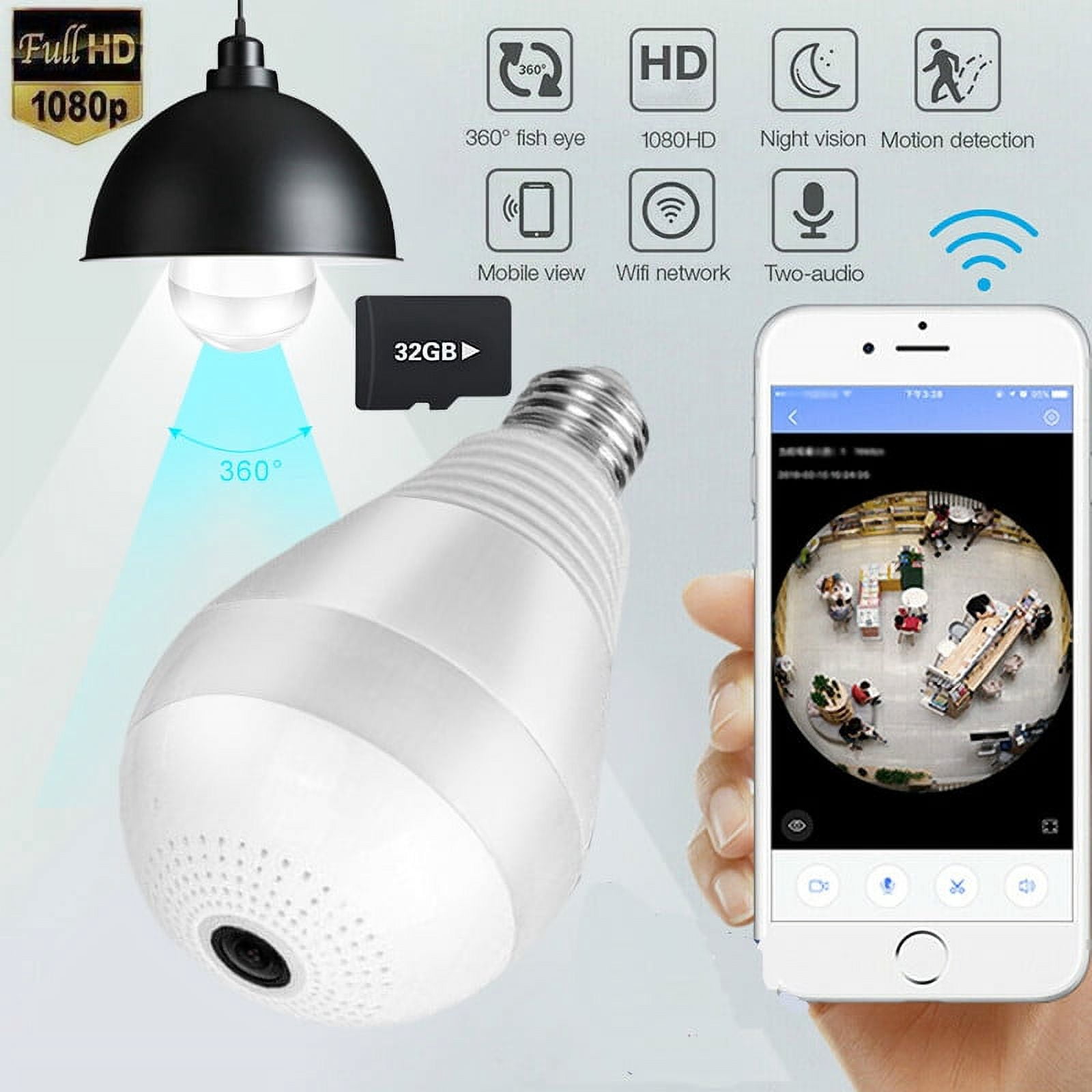 1080P WiFi Camera, 360 Degree Panoramic Wireless Security Camera for ...