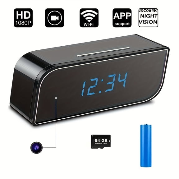 1080P WiFi Clock Camera Motion Detection Remote View Audio Video Recording 64GB SD Card Home Office Warehouse Indoor Security