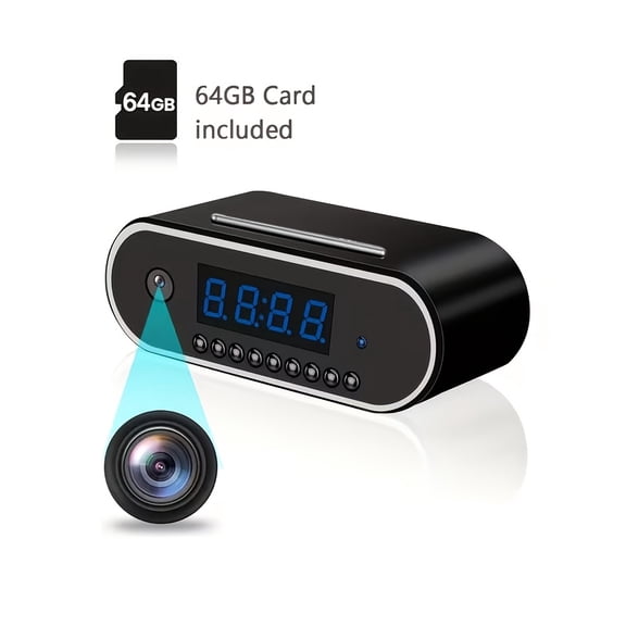 1080P WiFi Clock Camera Motion Detection Remote View Audio Video Recording 64GB SD Card Home Office Warehouse Indoor Security