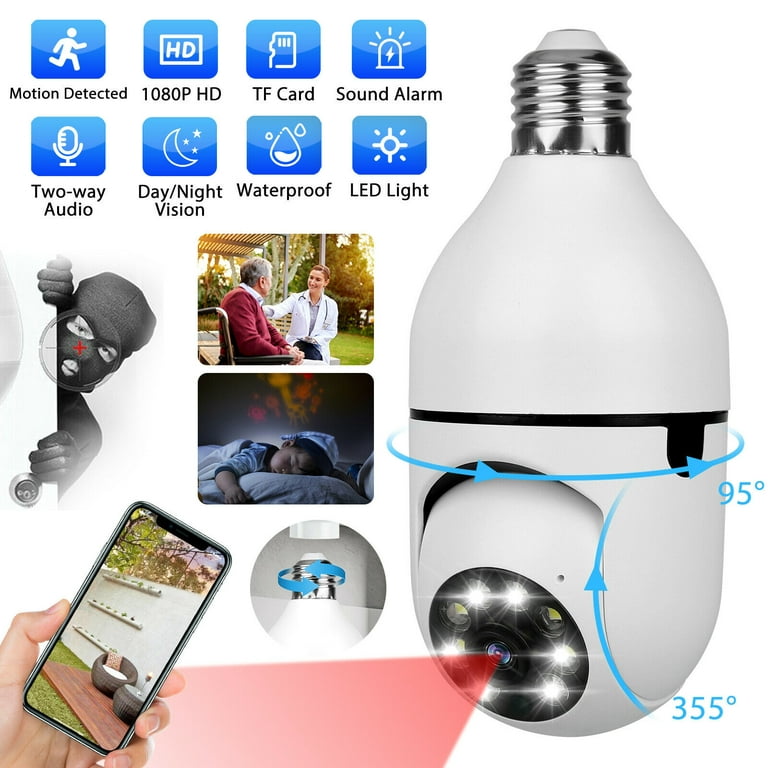 1080P WiFi Home Security Bulb Light Camera, E27 Wireless Surveillance Video  IP Camera, 360 Degree Panoramic Baby Pet CCTV Monitor with Night Vision