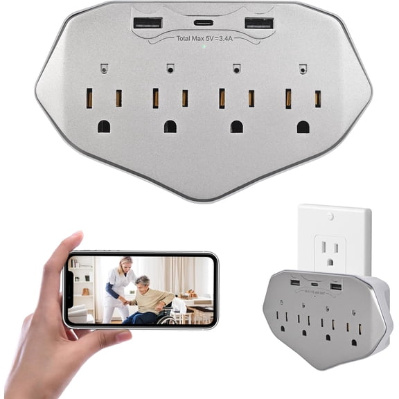 1080P WiFi Wall Outlet Camera with 45W Fast Charging, 4 AC Outlets, USB-C & USB-A Charging Ports, Remote Viewing Security Camera with Loop Recording, No Night Vision