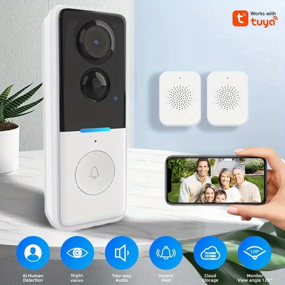 1080P Wireless Smart Video Doorbell PIR Human Detect Two-Way Talk Night Vision 4000mAh Battery Cloud Storage Tuya App Alexa Compat Self-Adhesive Easy Install Indoor Outdoor Home Apartment Security