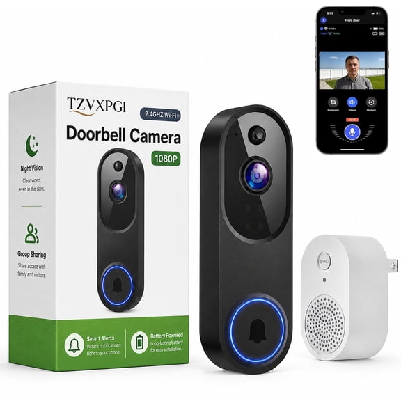 1080P Wireless WiFi Video Doorbell Camera with Doorbell Receiver, Two Way Audio, Night Vision, AI Motion Detection, Cloud Storage, 2.4GHz WiFi Smart Home Security Doorbell
