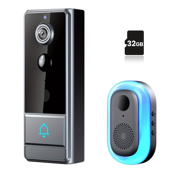 1080P wireless video doorbell with PIR detection. 2.4G WiFi, night vision, voice changer and two-way audio, powered by 4200mAh battery, supports Tuya App.