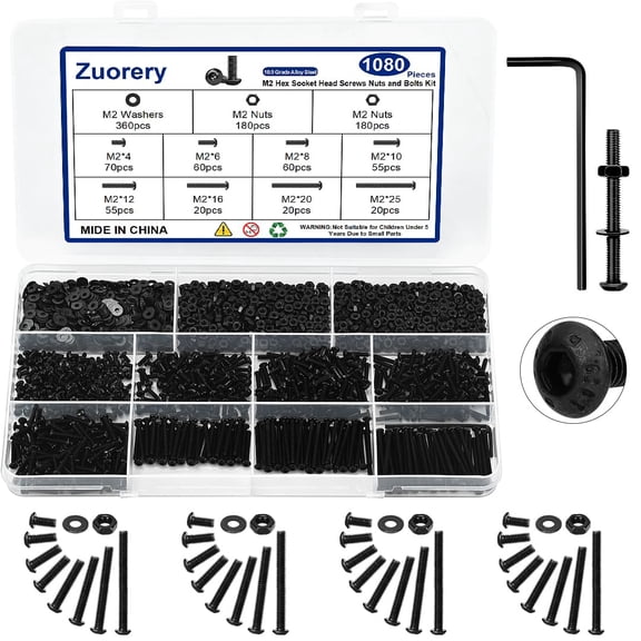 1080PCS M2 Screw Assortment Kit, M2x4/6/8/10/12/16/20/25mm M2 Screw Kits, 10.9 Grade Alloy Steel Metric Hex Button Head Cap Screws, Nuts and Flat Washers for 3D Printing (1080PCS - M2)