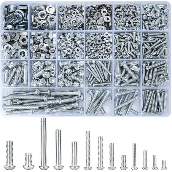 1080Pcs Screws Bolts and Nuts Assortment Kit  Metric Machine Screws with Nuts & Flat Washers, M3 M4 M5 M6 Cross Slotted Round Head Bolts Set for Home Repair DIY
