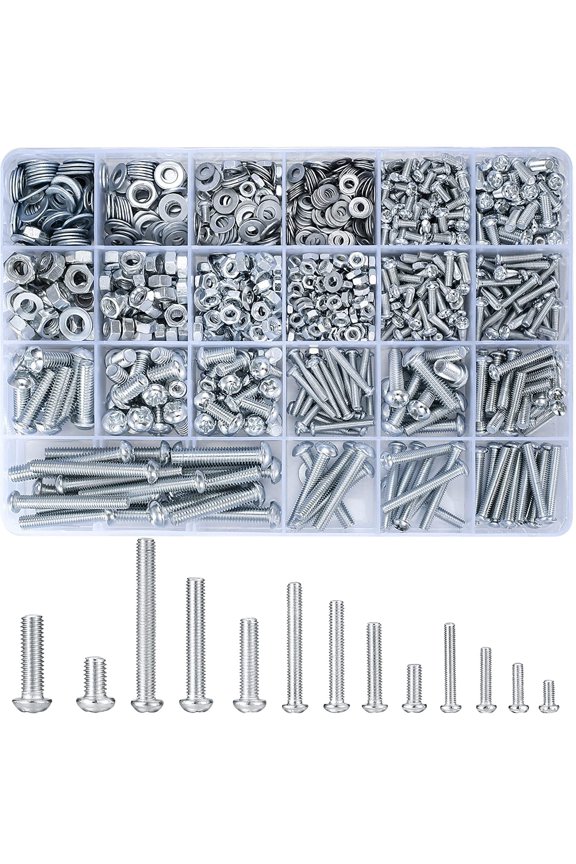 1080Pcs Screws Bolts and Nuts Assortment Kit Metric Machine Screws with Nuts & Flat Washers, M3 M4 M5 M6 Cross Slotted Round Head Bolts Set for Home Repair DIY