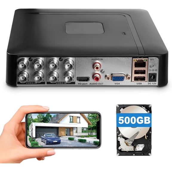 1080p 8 Channel Security DVR Recorder with 500GB Hard Drive, H.265+ 8CH Surveillance Digital Video Recorder,Hybrid 5-in-1 (TVI/AHD/CVI/CVBS/IPC) CCTV DVR for Security Camera,Easy Remote Access