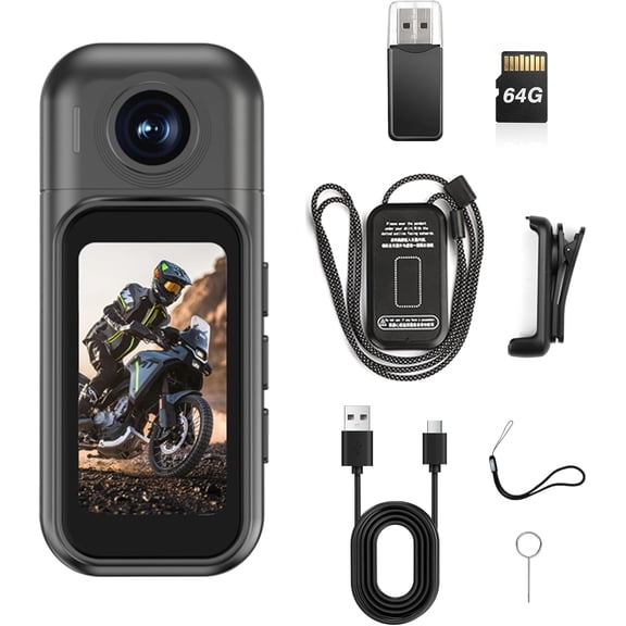 1080p Mini Body Camera with 64GB Card, Magnetic Mount & 180 Rotating Lens for Travel