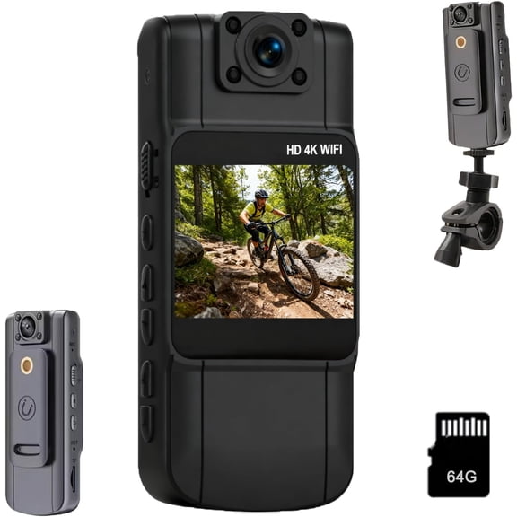 1080p Wearable Body Cam & Bike Mount Bundle - Mini Video Recorder with 180° Swivel Lens, Night Vision, and Long-Lasting Battery for Cycling & Security