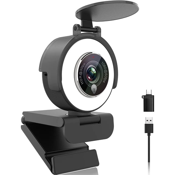 1080p Webcam with Ring Light for Streaming, USB 60FPS Web Camera