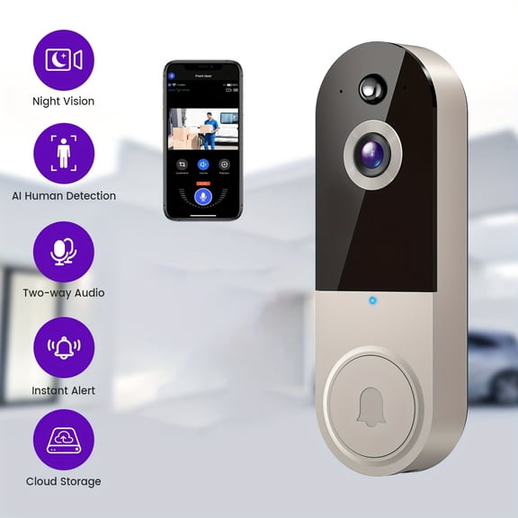 1080p Wireless Wi-Fi Video Doorbell Camera with Night Vision, Two-Way Audio, AI Motion Detection and Cloud Storage, 2.4G WiFi (No Doorbell Receiver Included)