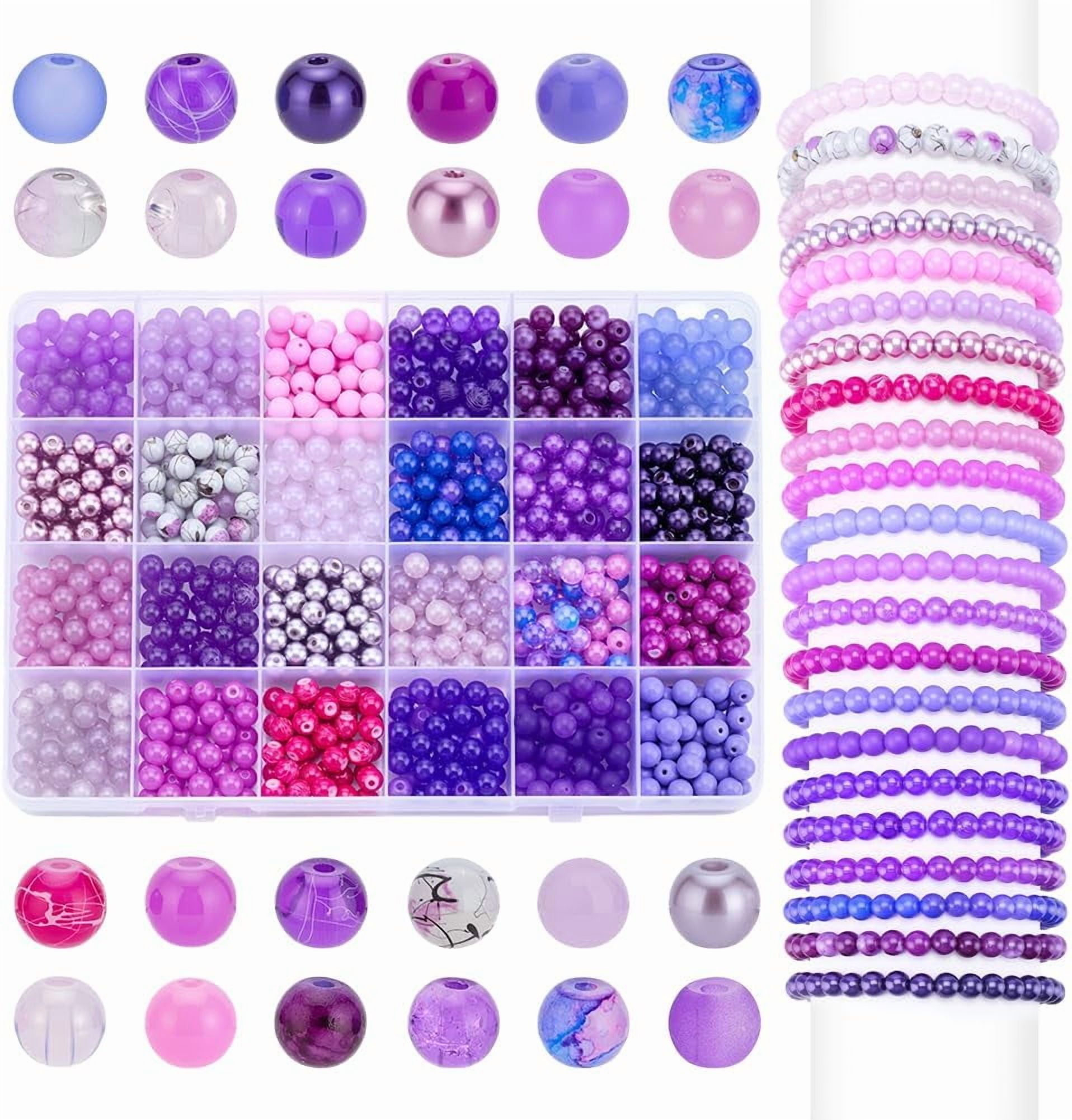 1080pcs 6mm Purple Glass Beads Bracelet Making Kit 24 Color Assorted Round Beads Bead Craft Loose Bead Bulk