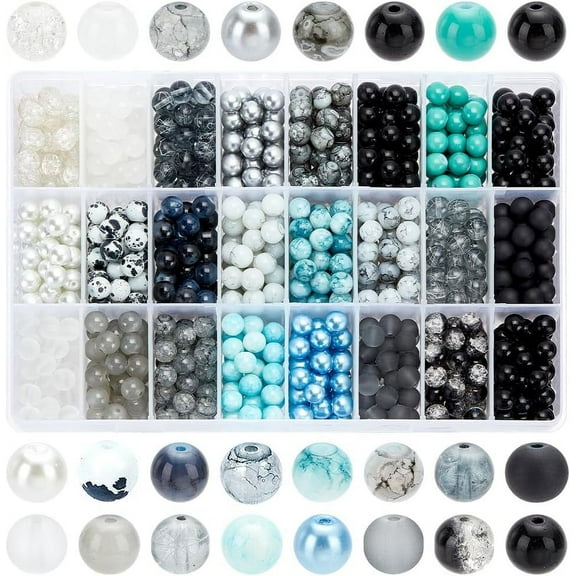 1080pcs 8mm Glass Beads 24 Color Black Bracelet Beads Round Glass Bead Marble Rosary Loose Bead for Bracelet Necklace Earring Jewelry Making Supplies Women Men Eid Mubarak Ramadan Decoration Colorful