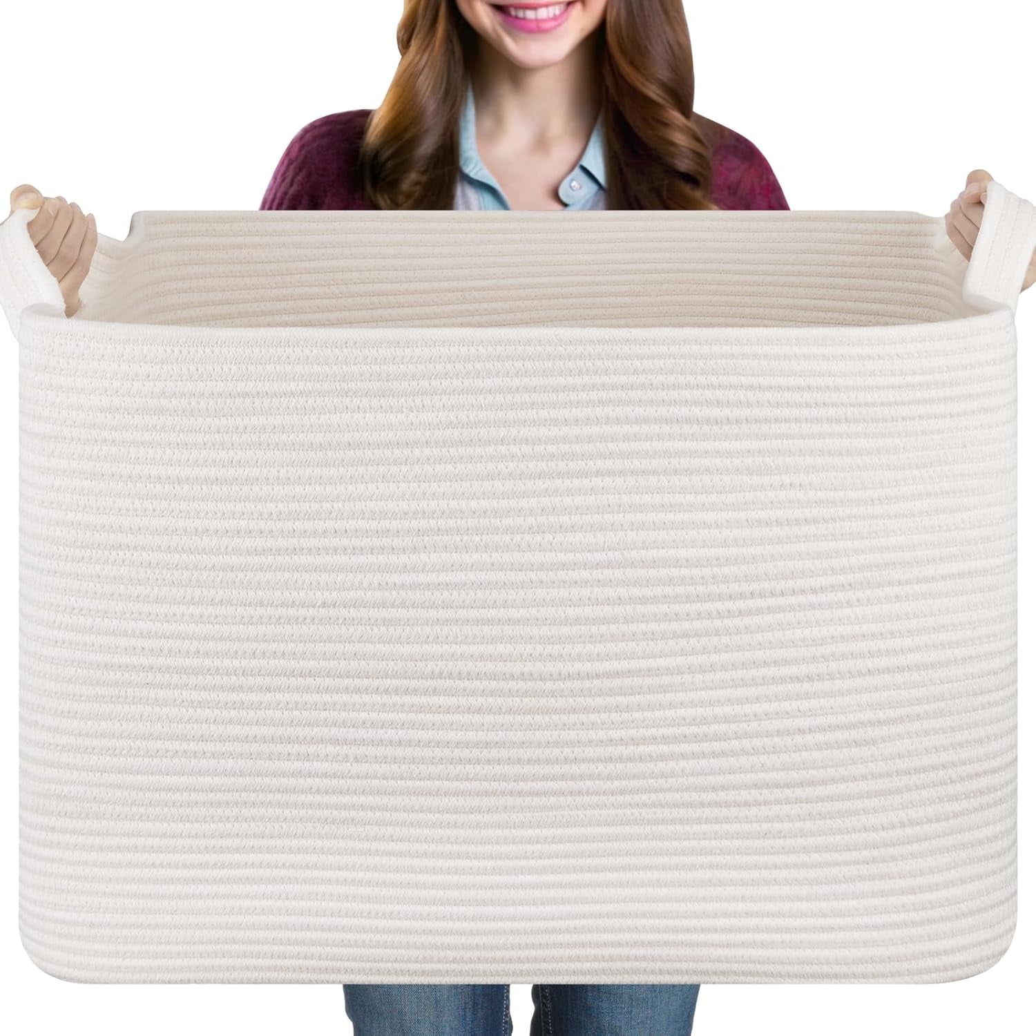 108L Extra Large Blanket Basket, 24.8" x 16.2" x 16.2" Rectangle Woven Storage Baskets for Living Room, Nursery, Bedroom, Toy Basket with Handle (White)