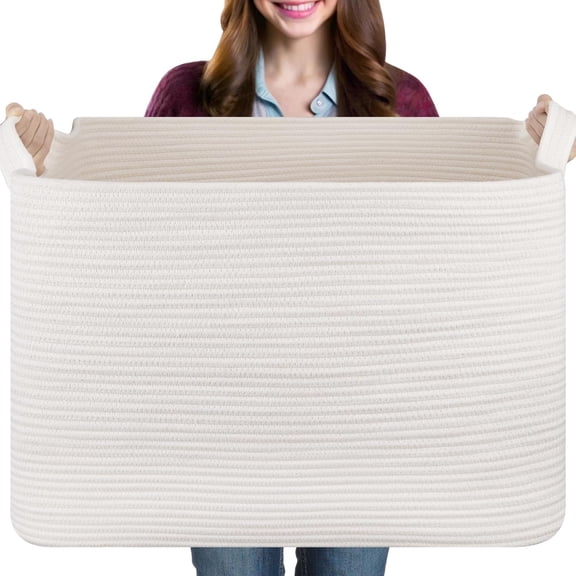 108L Extra Large Blanket Basket, 24.8" x 16.2" x 16.2" Rectangle Woven Storage Baskets for Living Room, Nursery, Bedroom, Toy Basket with Handle (White)