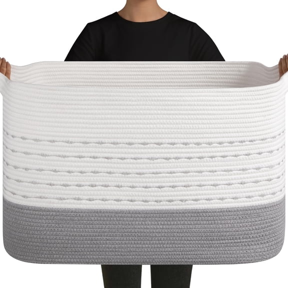 108L Extra Large Blanket Basket, 25”x16”x16” Rectangle Woven Cotton Rope Baskets for for Living Room, Toy Storage with Handle- Gradient Grey