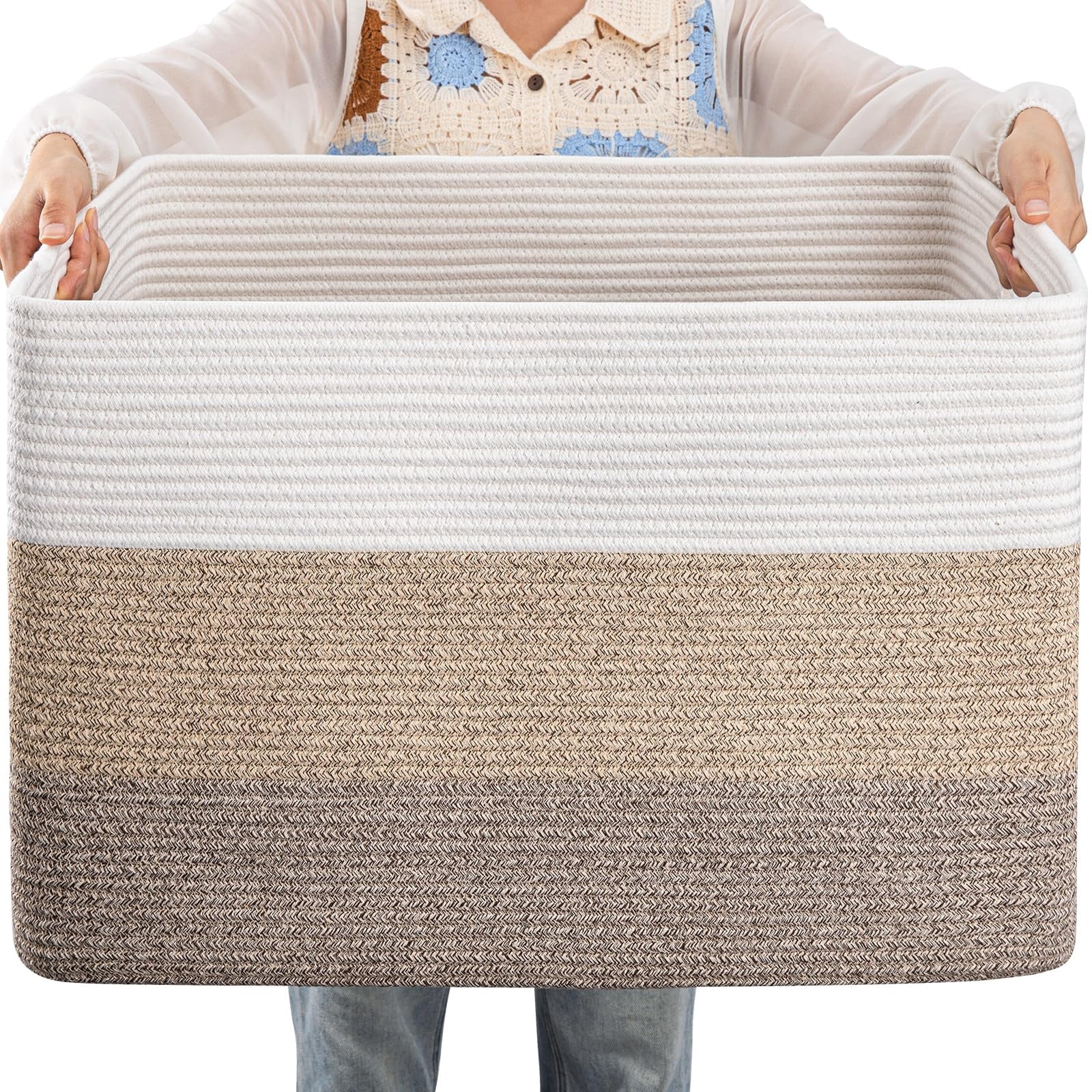108L Large Blanket Basket（25“x17”）,Storage Basket for Organizing, Dog Toy Bin,baby laundry basket,Cotton Rope Blanket Basket for Living Room, Laundry, Nursery, Pillows (White and Brown)