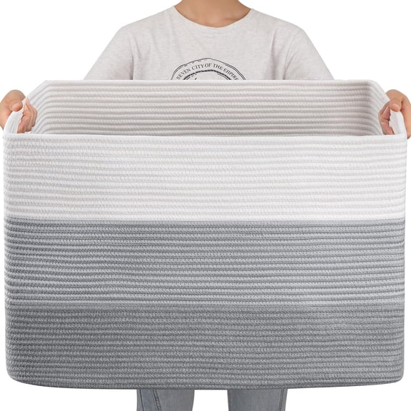 108L Super Large Blanket Basket, 25”x16”x16”(108L) Rectangle Woven Baskets for Storage, Cotton Rope Basket For Living Room, Toy Storage with Handle - Gradient Grey