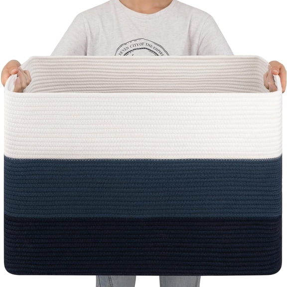 108L Super Large Blanket Basket, 25”x16”x16” Rectangle Woven Baskets for Storage, Cotton Rope Basket For Living Room, Toy Storage with Handle - Gradient Blue