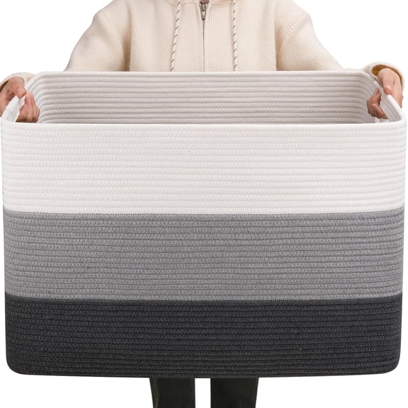 108L Super Large Blanket Basket, 25”x16”x16” Rectangle Woven Baskets for Storage, Cotton Rope Basket For Living Room, Toy Storage with Handle- Gradient Dark Grey