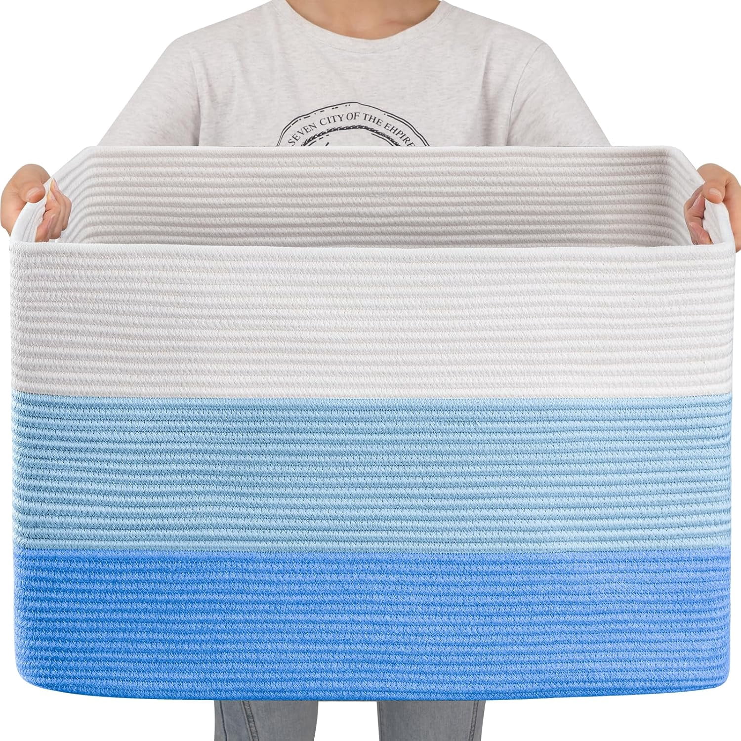 108L Super Large Blanket Basket, 25”x16”x16” Rectangle Woven Baskets for Storage, Cotton Rope Basket For Living Room, Toy Storage with Handle - Gradient Light Blue