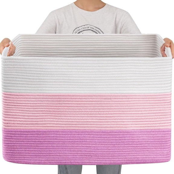 108L Super Large Blanket Basket, 25”x16”x16” Rectangle Woven Baskets for Storage, Cotton Rope Basket For Living Room, Toy Storage with Handle - Gradient Pink