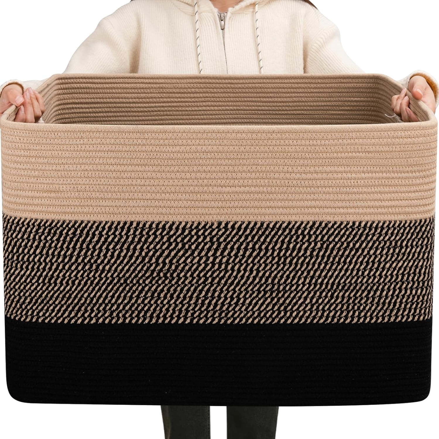 108L Super Large Blanket Basket, 25”x16”x16” Rectangle Woven Baskets for Storage, Cotton Rope Basket For Living Room, Toy Storage with Handle- Yellow and Black