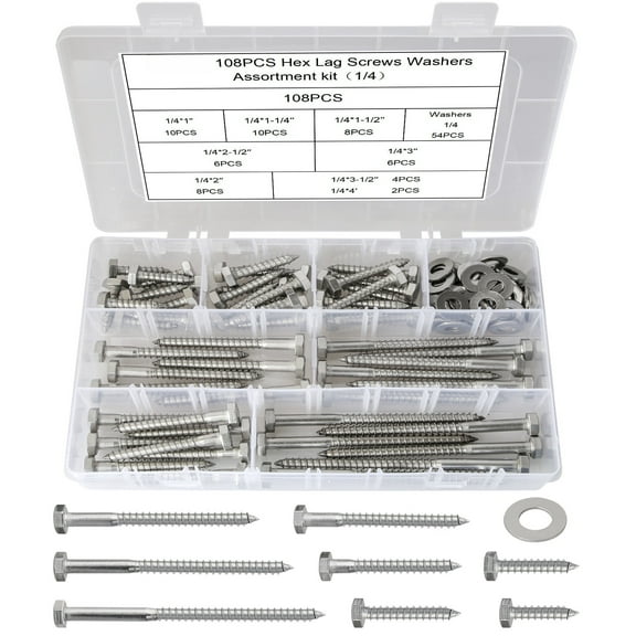 108PCS 1/4" Hex Lag Bolts Wood Screws Assorted Set & Washers, Self Tapping Flat Screws for Wood, Deck, Industrial, 1" 1-1/4" 1-1/2" 2" 2-1/2" 3" 3-1/2" 4"