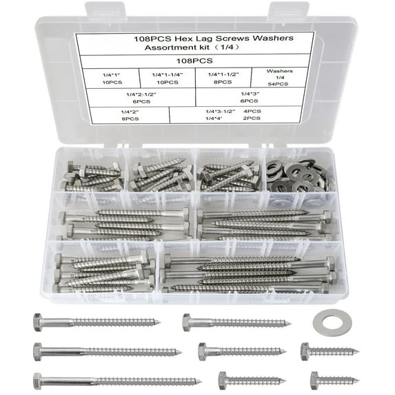 108PCS 1/4" Hex Lag Bolts Wood Screws Assorted Set & Washers, Self Tapping Flat Screws for Wood, Deck, Industrial, 1" 1-1/4" 1-1/2" 2" 2-1/2" 3" 3-1/2" 4"