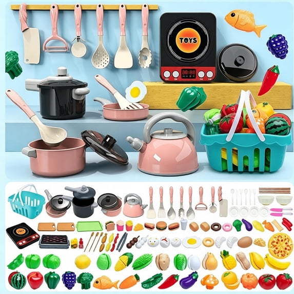 108PCS Kids Large Pretend Kitchen Cookware Playset, Plastic Little Chef Role Play Toy, Educational Birthday Holiday Gift for Toddler Boys Girls Ages 3+