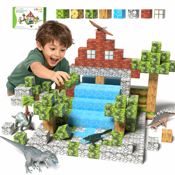 108PCS Magnetic Blocks with Dinosaurs for Kids Ages 3-8, STEM Building Blocks Construction Toy Set