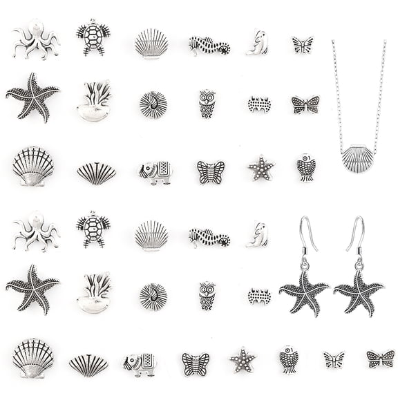 108Pcs 18 Styles Style Zinc Alloy Spacer Beads Tortoise Shell Fish Owl Elephant Mixed Shapes Silver
