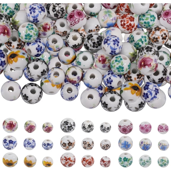 108Pcs 27 Styles Printed Floral Printed Porcelain Beads Flower Patterned Ceramic Round Beads with Flower Pattern Mixed Color 8~12x7~11mm Craft